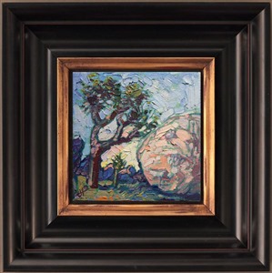 Joshua Tree National Park is captured in a miniature 6x6 oil painting filled with loose, expressive brush strokes.  This painting is alive with color and motion, bringing the California desert to life.

This small 6x6 oil painting arrives framed in a beautiful frame (as pictured), ready to hang.