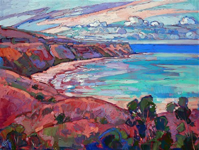 The California coastline continues to draw Erin towards its gentle curves contrasted against stark cliffs and sharp horizon lines. This dramatic painting of Palos Verdes beckons invitingly.