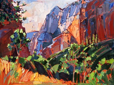 Beautiful summer colors at Kolob Canyon, the less visited side of Zion National Park. The loose brush strokes meet together in almost abstract shapes.