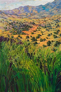 A rainbow of hues ranges down the sloping hillsides of Big Bend Country near Apline, TX. The verdant landscape is alive with changing colors and textures, captured here in a loose, impressionistic style.

This painting will be on display at the Museum of the Big Bend, during the solo exhibition <i><a href="https://www.erinhanson.com/Event/MuseumoftheBigBend" target="_blank">Erin Hanson: Impressions of Big Bend Country.</a></i> This painting will be ready to ship after January 10th, 2019. <a href="https://www.erinhanson.com/Portfolio?col=Big_Bend_Museum_Show_2018">Click here</a> to view the collection.

This painting has been framed in a custom-made gold frame. The painting arrives ready to hang.