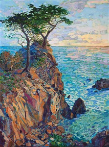 Warm morning light illuminates the rocky cliffs of Pebble Beach.  The cool sheltered waters glow blue and turquoise beneath the dawning sky, a beautiful contrast against the ragged peak.

This painting has been framed in a hand-gilded, carved floater frame that was designed to complement the colors in this painting.  It will arrived wired and ready to hang.

This painting will be included in the exhibition <i><a href="https://www.erinhanson.com/Event/erinhansoncoastalcalifornia" target="_blank">Erin Hanson: Coastal California</i></a>, at The Erin Hanson Gallery in San Diego. The artist's reception will take place on June 24th.  If you purchase this painting online, it will be shipped to you the week of June 26th.