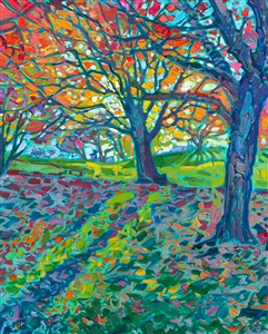 Maple trees drop their leaves onto the grassy ground, creating a pattern of orange against the green autumn grass. Sunlight filters through the overhead boughs, creating scintillating rays of color and shadow through the leaves.

"Autumn Leaves" is an original oil painting on linen, created in Erin's signature Open Impressionism style, featuring impasto brush strokes applied without layering. The effect is a stained-glass pattern of light and dark across the canvas. The piece arrives framed in a plein air frame, ready to hang.