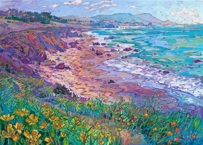 A sandy bluff covered in poppies overlooks this coastal panorama. Highway 1 provides endless inspiration for colorful coastal landscapes, from Cannon Beach to Cambria. This painting captures the vibrant colors of spring with thick, expressive brush strokes and vivid hues of yellow, blue, and turquoise.

"Coastal Visions" is an original oil painting by Erin Hanson, created on stretched canvas. The piece arrives framed in a contemporary gold floater frame finished in 23kt gold leaf and dark sides.