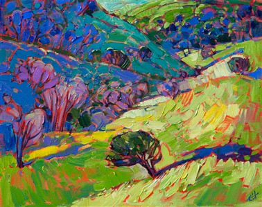 Rich emerald hues glow from the canvas in this stunning painting of central California wine country. The rounded hills are almost abstract in their perfection, and the vibrant grass glows unbelievable shades of green from the El Nino rains.

This painting has been framed in a gold plein-air style frame.  It arrives wired and ready to hang.