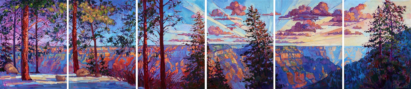The grand canyon is so wide, so magnificent, that it takes an eighteen foot painting to begin to capture it. The painting communicates the crisp clear air of a November sunset on the northern rim. The colors are vivid and alive, the brush strokes full of texture and motion.