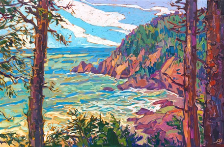 Ecola State Park overlooks the rocky northern coastline near Cannon Beach, Oregon. The warm hues of the rocky cliffs are set off by the rich tones of the evergreen forest growing along the high ridge. Distant swirls of turquoise waves beat a peaceful rhythm against the coastal rocks below.

"Northern Coastline" is an original oil painting created in Erin Hanson's signature Open Impressionism style. The brush strokes are loose and impressionistic, creating a mosaic of color and texture across the canvas. The piece arrives framed in a gold floater frame, ready to hang.