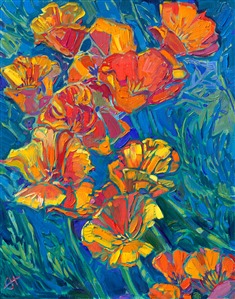 California poppies flow with beautiful hues of gold and orange. The brush strokes of oil paint are luscious and buttery, an expressive vision of nature's beauty.

"Poppies III" is an original oil painting on linen board. The piece arrives framed in a mock floater frame finished in black and gold.

This piece will be displayed in Erin Hanson's annual <i><a href="https://www.erinhanson.com/Event/petiteshow2023">Petite Show</i></a> in McMinnville, Oregon. This painting is available for purchase now, and the piece will ship after the show on November 11, 2023.
