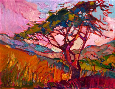 San Luis Obispo comes alive with color in this modern expressionist oil painting.  The brush strokes are loose and vibrant with color and motion.

This small oil painting arrives framed and ready to hang.