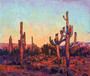 The stately saguaros of Arizona are a joy to paint.  Their unique shapes capture the vibrant color of the setting desert sun, the warm light a striking contrast against the cool blue shadows. The thick, impressionistic brush strokes add another dimension of depth and motion to the painting.

This painting will be displayed at The Medicine Man Gallery in Tuscon, AZ, at the exhibition <i>Art of the Saguaro.</i.>  Please contact the gallery to purchase: (520) 722-7798.