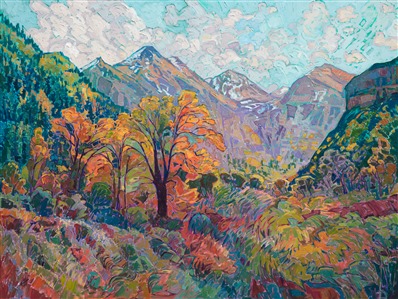 The colors of autumn blend together in this painting of Zion National Park. The cottonwood trees catch the late afternoon light and contrast starkly against the darker evergreens. The brush strokes in this painting are loose and impressionistic, alive with color and motion.

This painting is available for viewing at the newly renovated <a href="https://www.ayreshotels.com/ayres-hotel-seal-beach" target="_blank">Ayres Hotel in Seal Beach</a>.