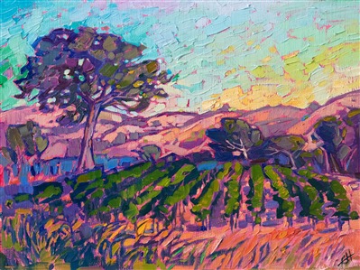 Paso Robles is captured in vivid color and expressive brush strokes. The colors of summer gleam on the canvas, bringing to life California's beloved wine country region.

"Paso Vineyard" was created on fine linen board, and the painting arrives framed in a hand-made and gilded plein air frame.