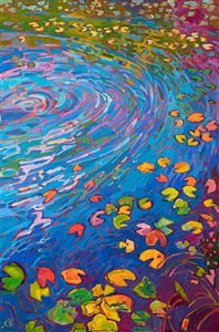 Ripples of color dance through this pond of lily pads. Thick brush strokes of paint highlight the contrasting hues and movement of the waters.

"Ripples of Light" was created on 1-1/2" canvas, with the painting continued around the edges. The piece arrives in a contemporary gold floater frame.