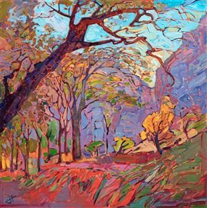 The valley floor near the Zion Lodge has spectacular views of the canyon walls and stately cottonwood trees.  This painting was inspired by an autumn hike after the rain, the cottonwood trees dark with rainwater, their leaves vibrant and multi-hued.  This painting has been framed in a gold floater frame.

This painting was displayed at the Zion Art Museum (located in Zion National Park) during the summer of 2017, for the exhibition <i><a href="https://www.erinhanson.com/Event/ErinHansonZionMuseum" target="_blank">Impressions of Zion</a></i>. 