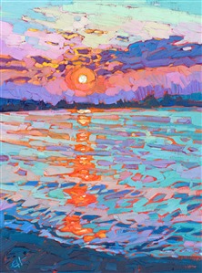 Sunset-drenched reflections move through the coastal waters in this impressionist oil painting. The brushstrokes are alive with color and movement, capturing this fleeting moment of beauty forever on canvas.

"Reflected Light" is an original oil painting done on linen board. The petite painting arrives framed in a burnished silver frame, ready to hang.

This painting will be displayed at Erin Hanson's annual <a href="https://www.erinhanson.com/Event/ErinHansonSmallWorks2022" target=_"blank"><i>Petite Show</a></i> on November 19th, 2022, at The Erin Hanson Gallery in McMinnville, OR.
