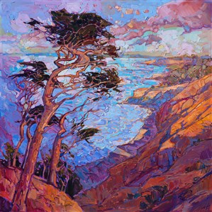 Sherbet-hued morning light casts a rainbow of color across this California coastline.  The winding cypress trees stand tall against the coastal winds.  Each brush stroke is applied with a bold, painterly motion, capturing the life and essence of the outdoors.  This is a beautiful example of Hanson's Open Impressionist style.

This painting was created on 1-1/2"-deep canvas, with the painting continued around the sides of the painting.  The piece will arrive framed in a gold floater frame, allowing you to see the full edges of the canvas.