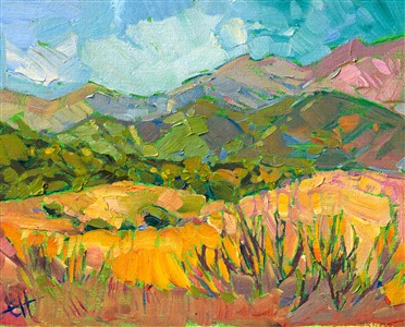 Verdant green hills contrast with the summer-burnt grasses of the foreground.  The thickly applied brush strokes create a tapestry of contrasting color and texture.