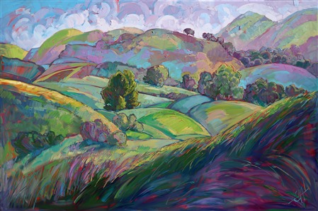 Pale lavender light is spread over this landscape like buttery taffy. The layers of rolling hills are like soft beds for the oak trees to nestle into. Oil paint is applied in thick brush strokes that create an intriguing play of texture within the changing color.

This painting was created on museum-depth canvas, with the painting continued around the edges of the stretched canvas. It arrives ready to hang without a frame. 