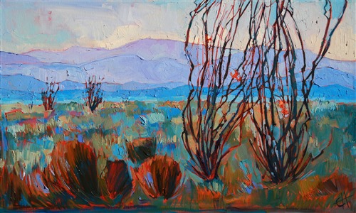 Borrego Springs ocotillos are one of the artist's favorite subjects to paint. Their spidery branches create a network of abstract shapes against the desert sky. In this painting, the artist communicates the beautiful red-orange of the ocotillo flower with a entire landscape of cool contrasting color.

This painting was created on museum-depth canvas, with the painting continued around the edges of the stretched canvas. It arrives ready to hang without a frame. (Please contact the artist if you would like information on framing options for this painting.)