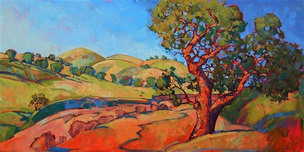Early summer in Paso Robles is portrayed in saturated colors contrasted against the softer colors of the distant hillsides. The oil paint is applied in thick impasto strokes, full of texture and mosaic-like patterns.