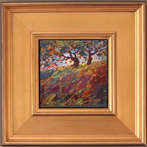 A colorful pair of oak trees dance together in the late afternoon light, casting mulit-hued shadows across the grass of Paso Robles, California.

This small 6x6 oil painting arrives framed in a beautiful frame (as pictured), ready to hang.