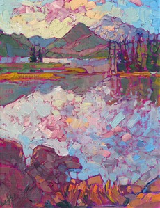 The Oregon Cascades are beautiful in the summer when the range is transformed into a green, idyllic landscape of mountains, lakes, and reflected sunsets. This classic petite is being sold on consignment through The Erin Hanson Gallery.

"The Cascades" is an original oil painting on canvas board. The piece arrives framed in a black and gold plein air frame, ready to hang.