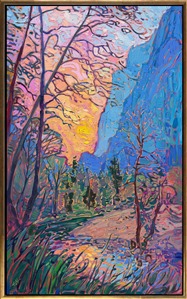 This painting of Yosemite valley captures the colors of sunset against the striking blue of the mountain cliffs. The brush strokes are laid side by side, without layering, in Hanson's unique Open Impressionism style. The vivid colors are created from a limited palette of only five colors. 

<b>Note:
"Yosemite Glow" is available for pre-purchase and will be included in the <i><a href="https://www.erinhanson.com/Event/SearsArtMuseum" target="_blank">Erin Hanson: Landscapes of the West</a> </i>solo museum exhibition at the Sears Art Museum in St. George, Utah. This museum exhibition, located at the gateway to Zion National Park, will showcase Erin Hanson's largest collection of Western landscape paintings, including paintings of Zion, Bryce, Arches, Cedar Breaks, Arizona, and other Western inspirations. The show will be displayed from June 7 to August 23, 2024.

You may purchase this painting online, but the artwork will not ship after the exhibition closes on August 23, 2024.</b>
<p>
