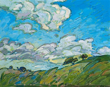 I love a bright springtime sky filled with fluffy white clouds.  This painting captures such a sky over one of my favorite landscapes to paint: Paso Robles, California.  I wanted this painting to be alive with ever-changing motion, just as the real outdoors are.

This painting was done on 1/8" canvas, and it arrives framed and ready to hang.