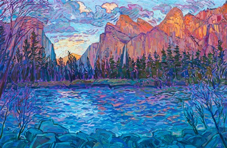 The famous cliffs of Yosemite National Park are captured in vibrant, impressionistic color by artist Erin Hanson. The thick, impasto paint adds texture and movement to the piece, making it come alive on the canvas and drawing the eye deeper into the scene.

"Yosemite Impression" is an original oil painting on stretched canvas. The piece arrives framed in a contemporary gold floating frame.