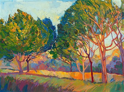 This painting was inspired by the stately ficus trees growing in Pasadena, California. Their wide, outstretched branches interlace into a mosaic of color and light, as captured in lively impressionist oils by Erin Hanson.