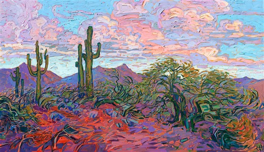 Buttercup-hued clouds drift above this Arizona landscape, and rich purple shadows stretch across the red earth. The impressionist brush strokes and thick and loose, conveying a sense of movement throughout the painting.

"Saguaro Clouds" was created on gallery-depth canvas, and the painting arrives framed in a contemporary gold floater frame, ready to hang.