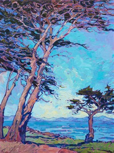 The dramatic and graceful cypress trees of Monterey are a true joy to paint. Each brush stroke in this painting captures the movement of the coastal air and the early morning glow across the landscape. 