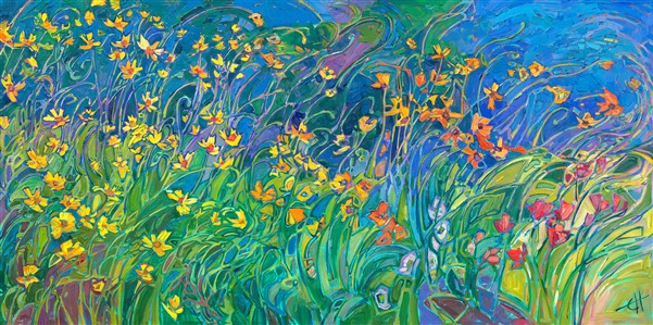 A flurry of yellow wildflowers appear as bright sparks of color against the rich hues of green and ultramarine. The wild poppies give an additional pop of orange and red among the long, impressionistic brush strokes.

"Flurry of Wildflowers" is an original oil painting created on gallery-depth canvas. The piece arrives framed in a custom-made gold floater frame finished in 23kt gold leaf.