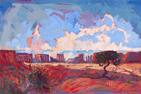 Hanson has always been drawn to the dramatic in landscapes, and nothing is as dramatic as the wide open desertscapes and majestic buttes of Utah and Arizona.  The landscape is almost too incredible to take in, and Hanson has painted it over and over, trying to recapture the magic she feels when she sees it in person.

<b>Note:
This painting is available for pre-purchase and will be included in the <i><a href="https://www.erinhanson.com/Event/SearsArtMuseum" target="_blank">Erin Hanson: Landscapes of the West</a> </i>solo museum exhibition at the Sears Art Museum in St. George, Utah. This museum exhibition, located at the gateway to Zion National Park, will showcase Erin Hanson's largest collection of Western landscape paintings, including paintings of Zion, Bryce, Arches, Cedar Breaks, Arizona, and other Western inspirations. The show will be displayed from June 7 to August 23, 2024.

You may purchase this painting online, but the artwork will not ship after the exhibition closes on August 23, 2024.</b>
<p>

This painting was also included in the exhibition <i><a href="https://www.erinhanson.com/Event/ContemporaryImpressionismatGoddardCenter" target="_blank">Open Impressionism: The Works of Erin Hanson</i></a>, a 10-year retrospective and study of the development of Open Impressionism at The Goddard Center in Ardmore, OK. 