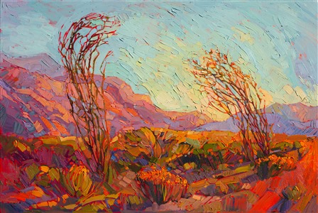 Bold desert color floods this painting of Joshua Tree National Park.  After a good springtime rain, the beautiful California ocotillo cacti bloom with heavy red flowers, a perfect inspiration for a painting.