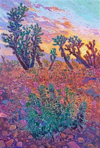 Crouching down (but not too close!) to a group of jumping cholla cacti, I got inspired to paint this brilliant desert sunset seen between the cactus spines. This southwest impressionism painting captures the beautiful colors of Arizona.

<b>Note:
"Southwest Impressions" is available for pre-purchase and will be included in the <i><a href="https://www.erinhanson.com/Event/SearsArtMuseum" target="_blank">Erin Hanson: Landscapes of the West</a> </i>solo museum exhibition at the Sears Art Museum in St. George, Utah. This museum exhibition, located at the gateway to Zion National Park, will showcase Erin Hanson's largest collection of Western landscape paintings, including paintings of Zion, Bryce, Arches, Cedar Breaks, Arizona, and other Western inspirations. The show will be displayed from June 7 to August 23, 2024.

You may purchase this painting online, but the artwork will not ship after the exhibition closes on August 23, 2024.</b>
<p>
