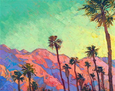 California palm trees stretch high into the sky, sunset colors blazing on the mountains in the backdrop. The brush strokes are loose and painterly, evoking the feeling of standing outside in the rushing wind, underneath the palms.

This painting was done on 1-1/2" canvas, with the painting continued around the edges.  The painting will be framed in a 23kt gold leaf floater frame to complement the colors in the piece.  It arrives wired and ready to hang.