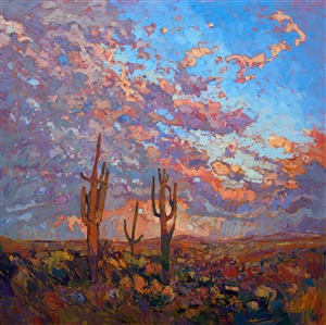 Dramatic light streaks down from this skyscape onto a waiting desert.  The Saguaros stand tall against the backdrop of clouds.  Each brush stroke is alive with motion and color, filling the canvas with a mosaic of texture.

This painting was created on a gallery-depth canvas with the painting continued around the edges. The painting will arrive in a beautiful hardwood floater frame, ready to hang.

Exhibited: St George Art Museum, Utah, in a solo exhibition celebrating the National Park's centennial: <i><a href="https://www.erinhanson.com/Event/ErinHansonMuseumShow2016" target="_blank">Erin Hanson's Painted Parks</a></i>, 2016.