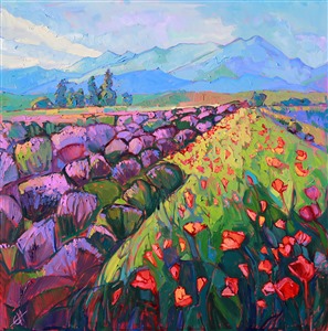 Erin has always wanted to paint lavender fields, but she had never seen cultivated farms until she visited Sequim, near Seattle, Washington. The brilliant purples contrasted against red and orange poppies, with the pale blue mountains towering in the distance, was one of the most idyllic landscapes she had ever seen!