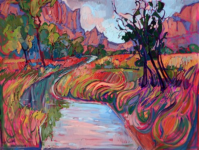 Impasto brush strokes and dream-like colors bring Zion to life in this oil painting. The abstract shapes and textures flow and change the more you look at the painting.

This painting was created on museum-depth canvas, with the painting continued around the edges of the stretched canvas. It arrives ready to hang without a frame. 