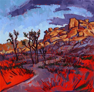 Brooding purples and lush lavenders fill this canvas with cool shadows that are a bold contrast with the hot desert colors of Joshua Tree National Park.  The brush strokes in this painting are loose and expressive, capturing the emotional communication of a parting storm and final colors of daylight.