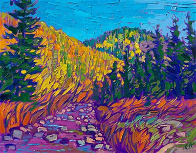 Colorado aspens cover the mountainsides above a winding stream. The bright blue autumn sky is a brilliant contrast against the autumn yellows and jewel-toned evergreens.

"Colorado Aspens" was created on fine linen board, and it arrives framed in a pale gold plein air frame.