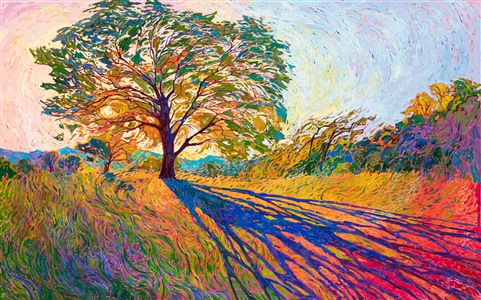 Crystalline light filters through the oak tree in this impressively large oil painting of Texas hill country. The brush strokes are thick and impressionistic, conveying a sense of movement throughout the painting. The colors vibrate with intensity, capturing the beauty of the wide outdoors.

"Crystal Hues" was created on 1-1/2" canvas, with the painting continued around the edges. The piece arrives framed in a hand-carved, gold open impressionism frame.
