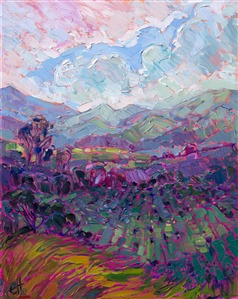 A dramatic view from a hilltop near Los Olivos, California is captured in vivid oils and a contemporary impressionist style.  The impasto brush strokes are loose and impressionistic, full of color and motion.

This painting was done on 3/4"-deep stretched canvas.  It has been framed in a classic plein air frame and arrives wired and ready to hang.
