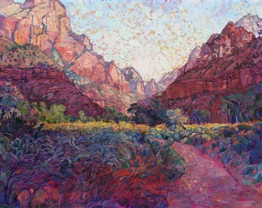 This painting captures the grandeur and wide expanse of Zion National Park in southern Utah.  The loose, painterly brush strokes are alive with texture, creating a three-dimensional  rhythm of color upon the canvas.

This oil painting was done on a canvas gilded in 24kt gold leaf. The gold leaf shines through sections of the painting, creating an additional glow of light within the piece.  The painting was done on 1-1/2" canvas, with the painting continued around the edges of the canvas.  The work has been framed in a carved gold open impressionist frame.

This painting was exhibited in the <a href="https://www.erinhanson.com/Event/redrock2018" target=_blank"><i>The Red Rock Show</i></a> at The Erin Hanson Gallery, June 16th, 2018.  <a href="https://www.erinhanson.com/Portfolio?col=The_Red_Rock_Show_2018" target="_blank"><u>Click here</u></a> to view the other Red Rock paintings.

This painting was exhibited in <i><a href="https://www.erinhanson.com/Event/ErinHansonAmericanVistas/" target="_blank">Erin Hanson: American Vistas</i></a> at the Nancy Cawdrey Studios and Gallery in Whitefish, Montana, 2019.