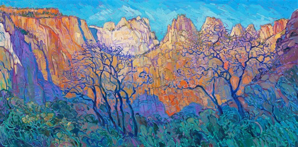The Patriarchs at Zion are most beautiful at sunrise, when the warm light of dawn illuminates the pops of cadmium hues and soft white rock of the steep cliffs. This painting was inspired by a dawn hike along the Pa'rus Trail in Zion National Park. Impasto brush strokes of oil paint and loose, painterly brush strokes capture the vivid colors and motion of this national park.

<b>Note:
"Patriarchs at Zion" is available for pre-purchase and will be included in the <i><a href="https://www.erinhanson.com/Event/SearsArtMuseum" target="_blank">Erin Hanson: Landscapes of the West</a> </i>solo museum exhibition at the Sears Art Museum in St. George, Utah. This museum exhibition, located at the gateway to Zion National Park, will showcase Erin Hanson's largest collection of Western landscape paintings, including paintings of Zion, Bryce, Arches, Cedar Breaks, Arizona, and other Western inspirations. The show will be displayed from June 7 to August 23, 2024.

You may purchase this painting online, but the artwork will not ship after the exhibition closes on August 23, 2024.</b>
<p>