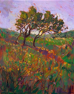 Bold colors burst from the springtime grasses of Texas' hill country, famous for its wildflowers that bloom in changing waves of color throughout the season.  This impressionist oil painting comes alive with thick brush strokes and a loose, expressive hand that brings to life an impression of the landscape.

This painting was created on 3/4" canvas and arrives framed in a classic gold frame, ready to hang.  The second photograph above shows the painting under gallery lighting in the frame that is included with this piece.
