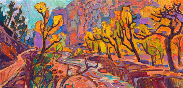Southern Utah's Zion National Park is famous for its colorful cliffs and dramatic canyons. This painting captures the vivid hues of autumn along the canyon's riverbed.

"Zion Colors" is an original oil painting by Erin Hanson. The piece arrives framed in a black and gold plein air frame, ready hang.

This painting will be displayed at Erin Hanson's annual <a href="https://www.erinhanson.com/Event/ErinHansonSmallWorks2022" target=_"blank"><i>Petite Show</a></i> on November 19th, 2022, at The Erin Hanson Gallery in McMinnville, OR.