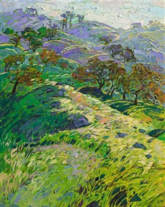 Soft morning light grazes the emerald-spring hills of Paso Robles, California. This wine country region is beautiful in the springtime, when bright dew covers the grass, after the blanket of fog lifts in the early morning. The brush strokes in this painting are loose and impressionistic, alive with color and motion.

This painting was created on 1-1/2" canvas, with the painting continued around the edges of the canvas. The piece arrives framed in a custom-made, gold floater frame.