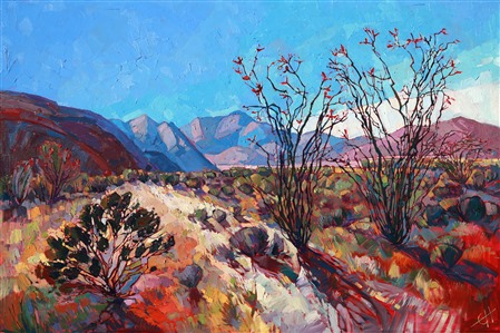 Fresh color and vibrant brush strokes bring the Anza-Borrego desert to life. This painting captures the movement and energy of the California desert, where subtle beauty lurks in every shadow and scrub bush.
