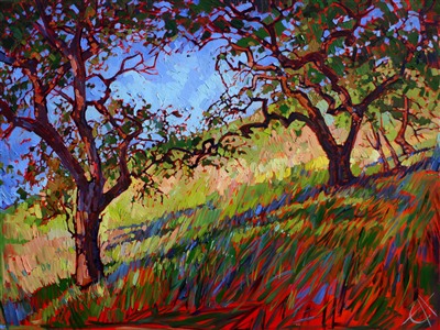 Beautiful green, California hills bathed in summer light. The paint is applied in thick, loose brush strokes.